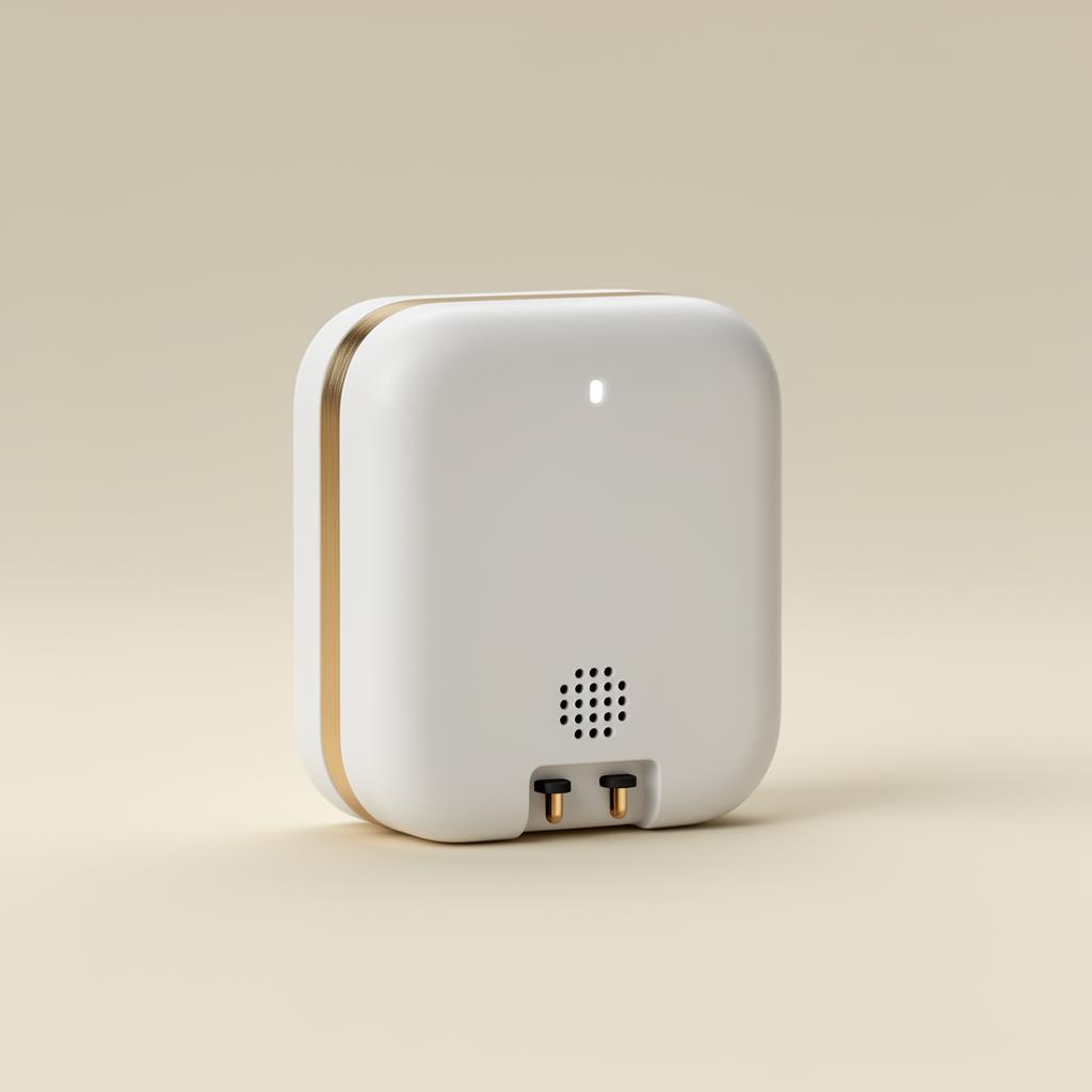 Aurora Smart Water Leak Detector — compact IoT device with white body and gold accent